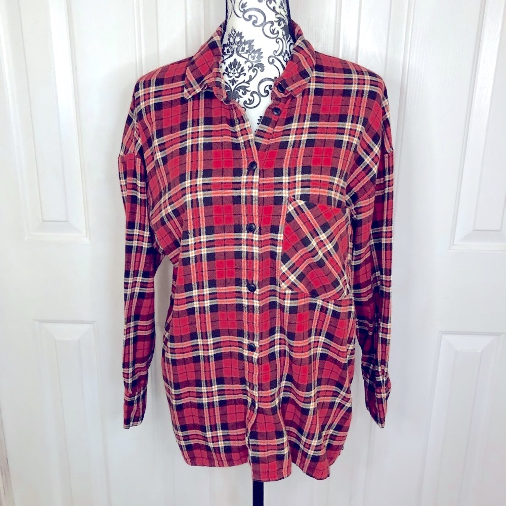Bershka black and red soft flannel button up shirt